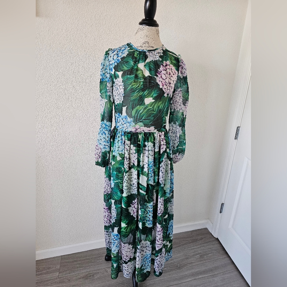 Hydrangea Floral Maxi Dress Green Puff Sleeve Flower Button Back